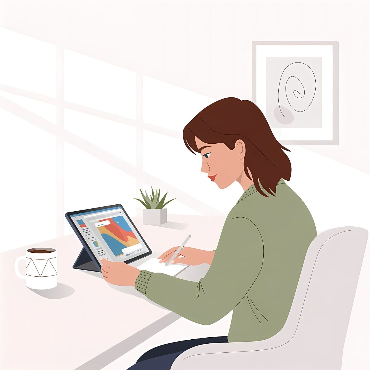 Designer using stylus on tablet with AI image editing software at a desk